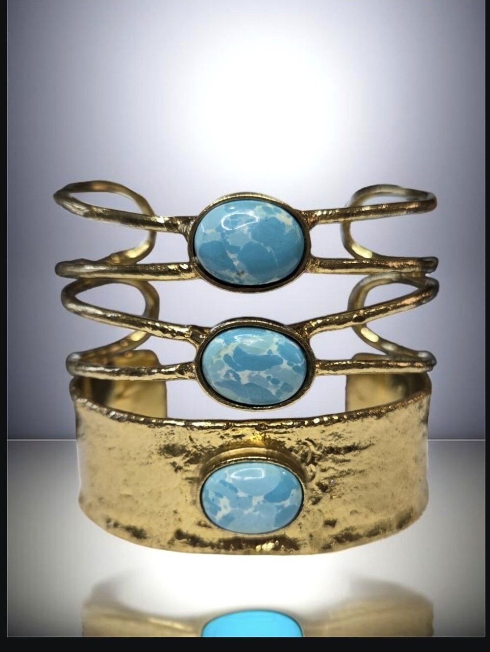 18k Gold Plated Artisan Larimar Natural Stone Goddess Cuff Bracelet